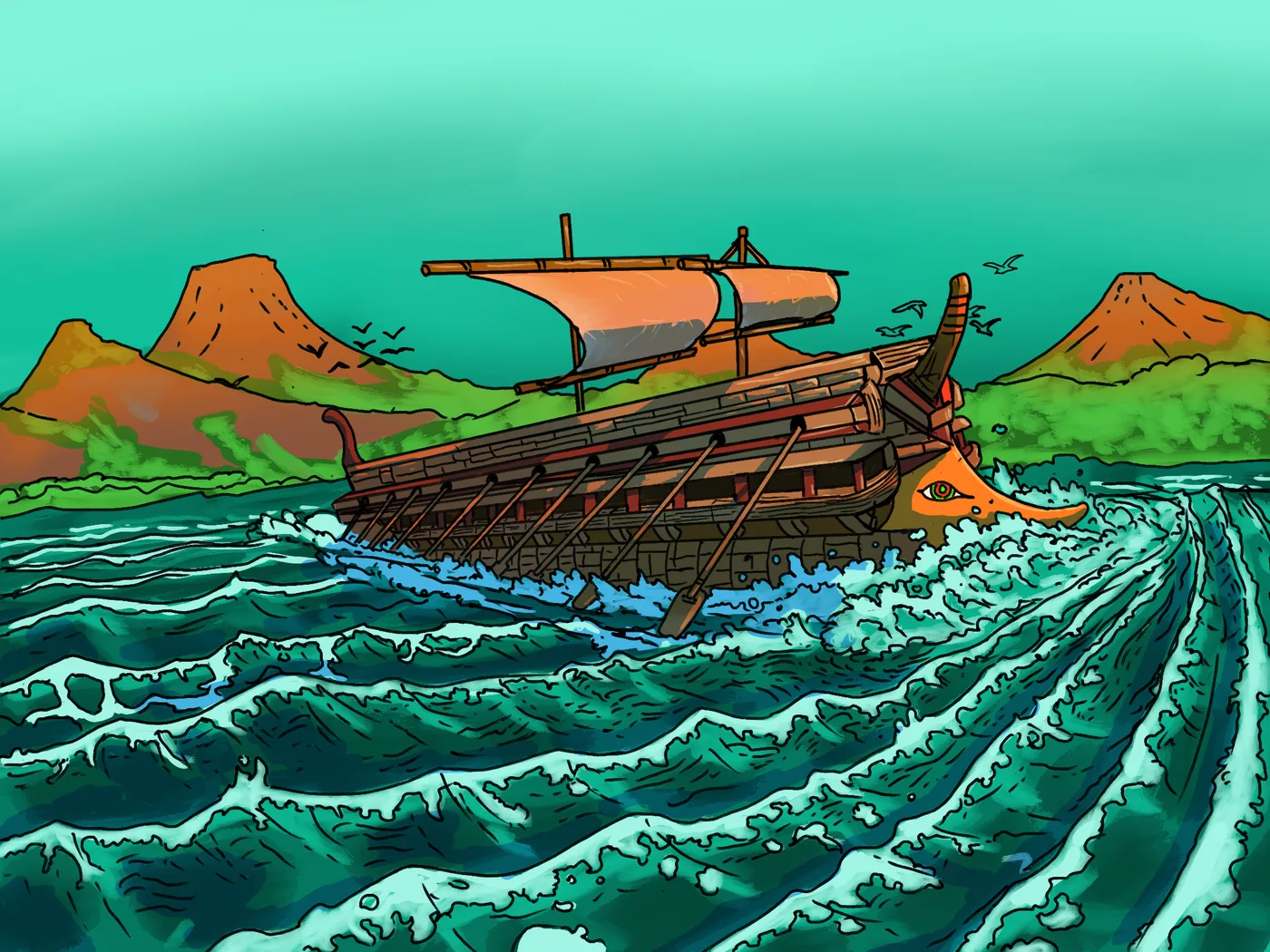 Greek Ship, a colorful illustrated ship on the sea by CTA instructor Mr. Sam